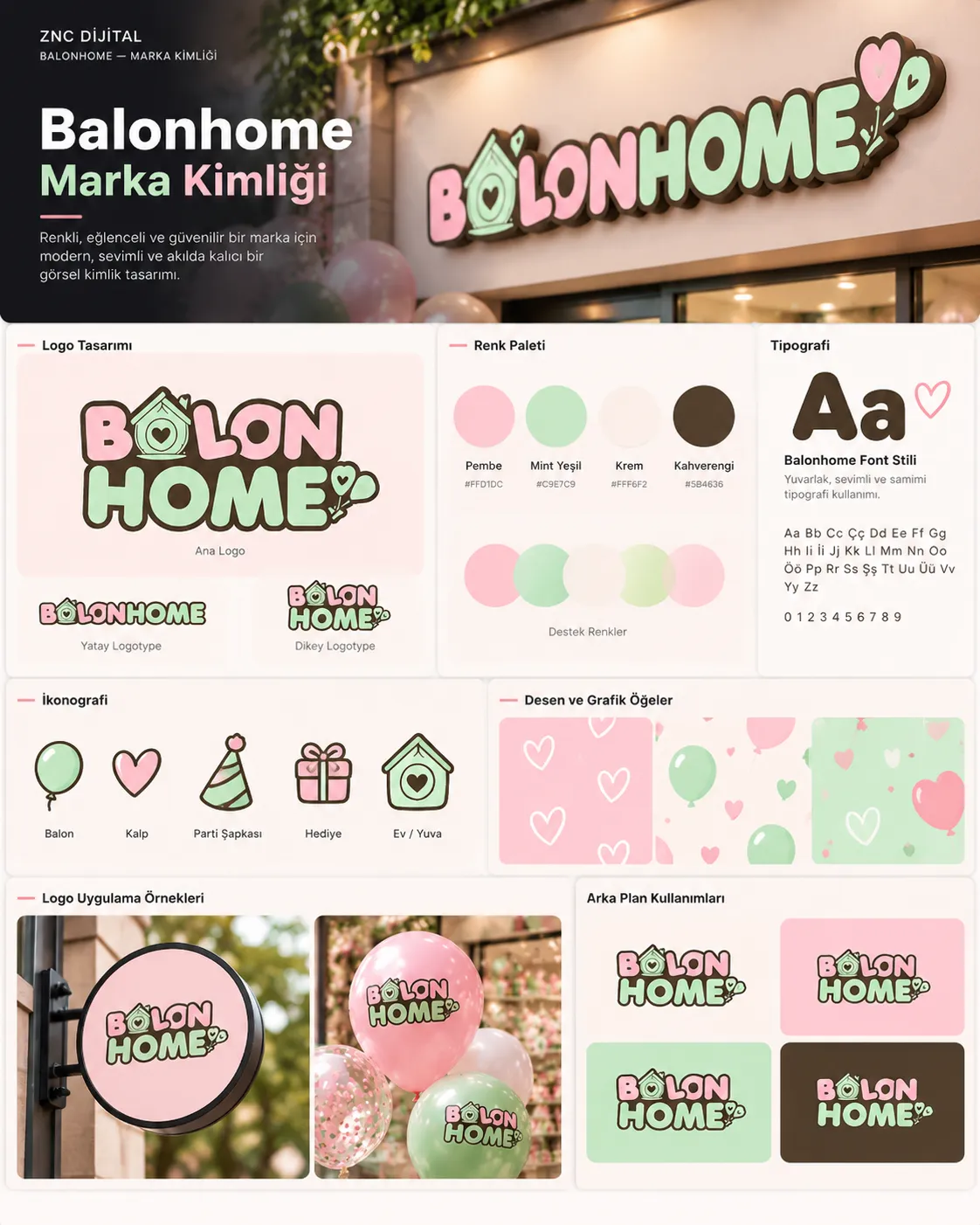Balonhome marka kimliği panosu: logo, renk paleti, tipografi, ikonografi ve desen örnekleri