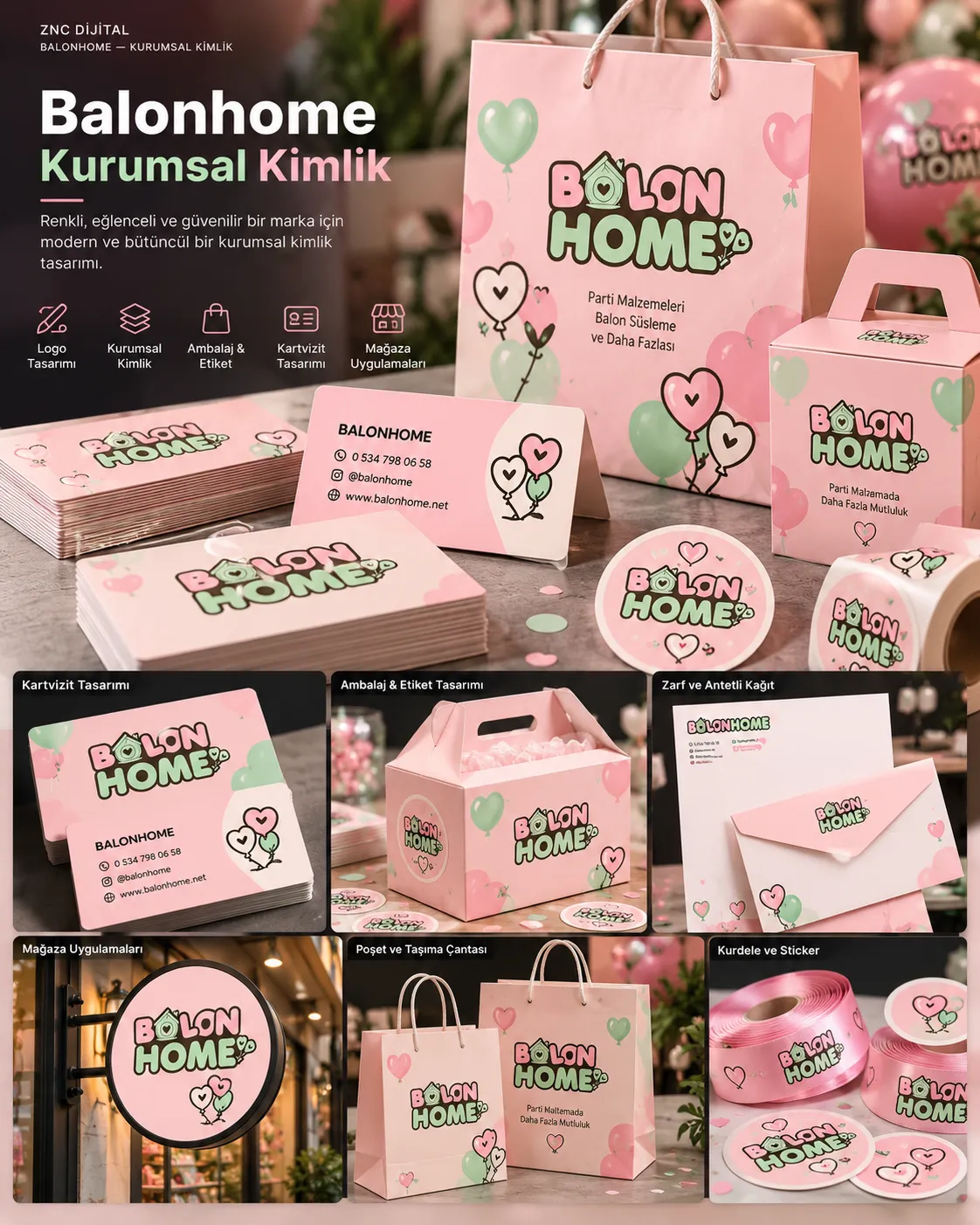 Balonhome kurumsal kimlik konsept görselleştirmesi: kartvizit, ambalaj, poşet, etiket ve mağaza tabelası
