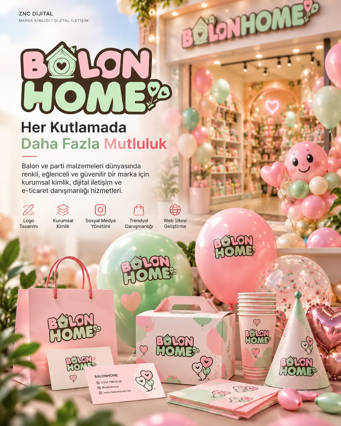 Balonhome logosu, pastel pembe ve mint yeşil marka kimliği ile konsept uygulamaları içeren portfolyo sunum görseli
