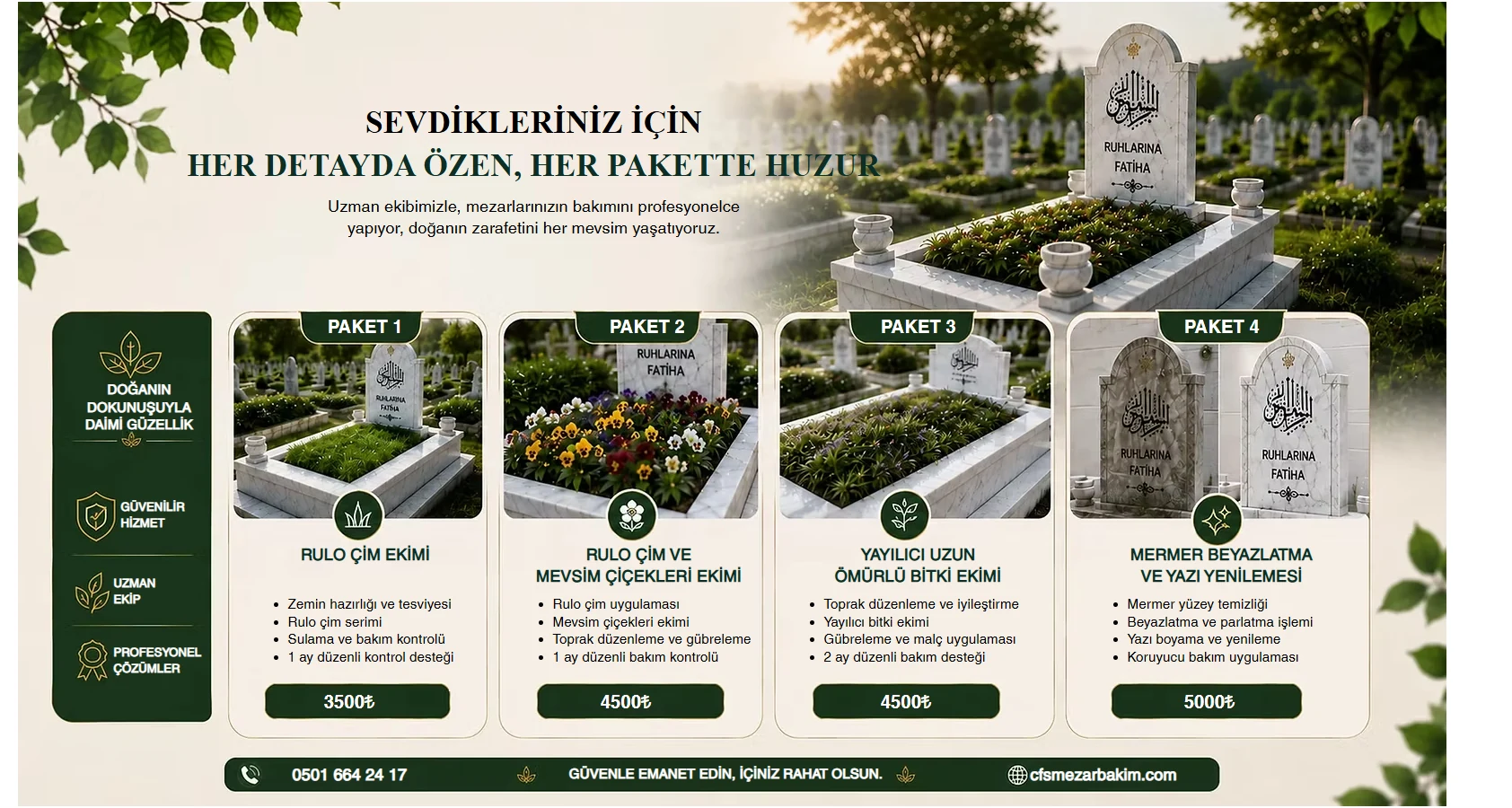 CFS Mezar Bakım hizmet paketleri ve fiyatlandırma seçenekleri arayüzü