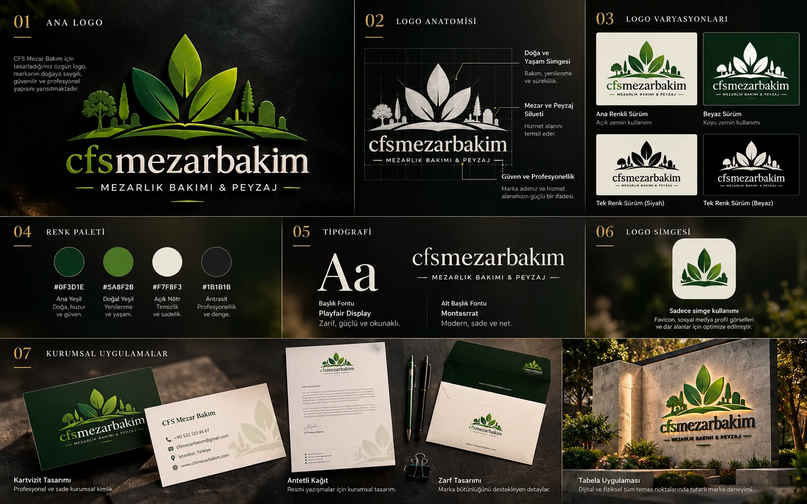 CFS Mezar Bakım logo tasarımı, renk paleti ve kurumsal kimlik sunum paftası