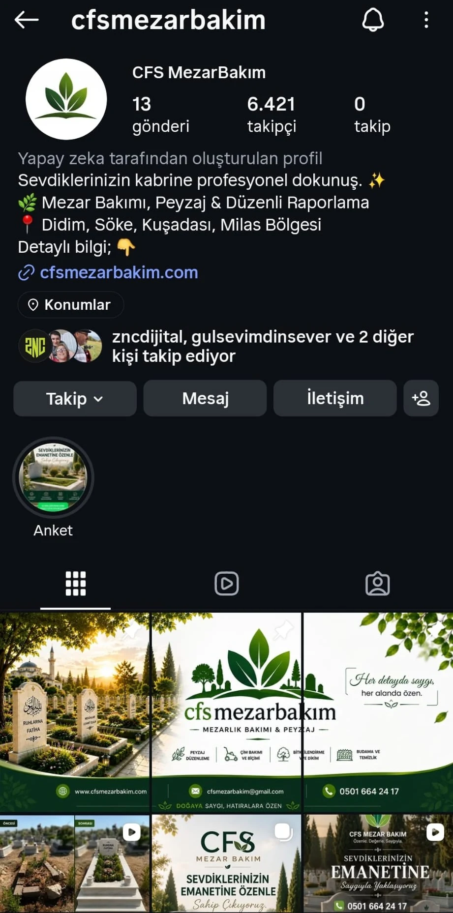 ZNC Dijital tarafından yönetilen CFS Mezar Bakım Instagram profili ve içerik düzeni