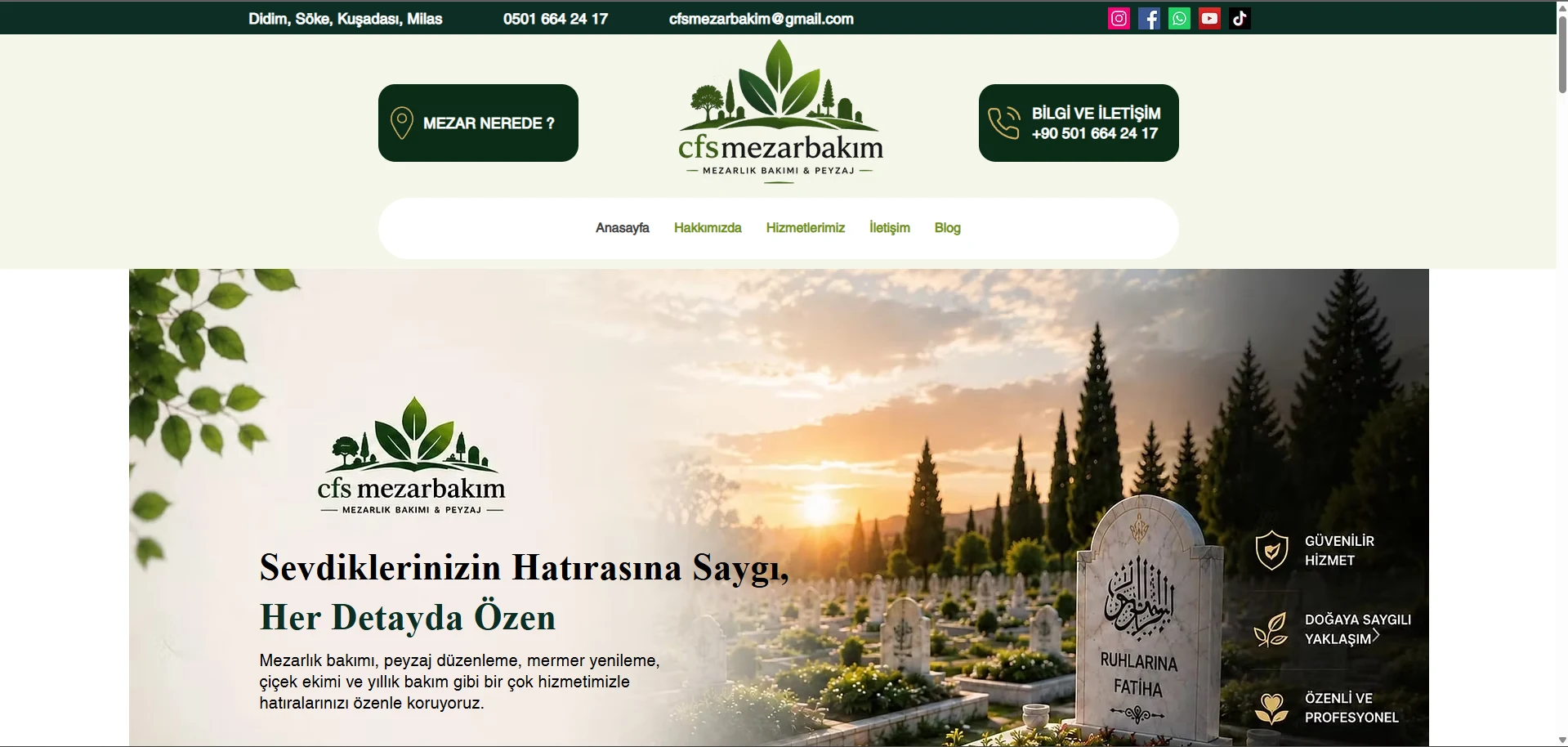 ZNC Dijital tarafından geliştirilen CFS Mezar Bakım kurumsal web sitesi arayüzü
