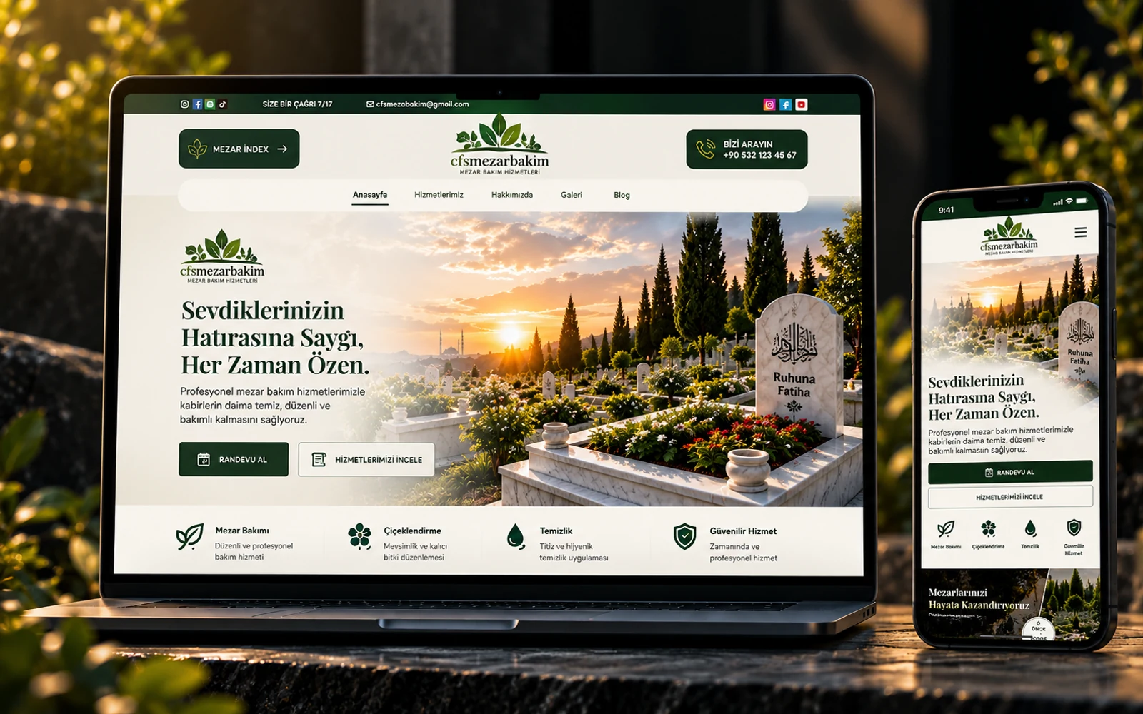 CFS Mezar Bakım kurumsal web ve dijital pazarlama arayüzü sunumu